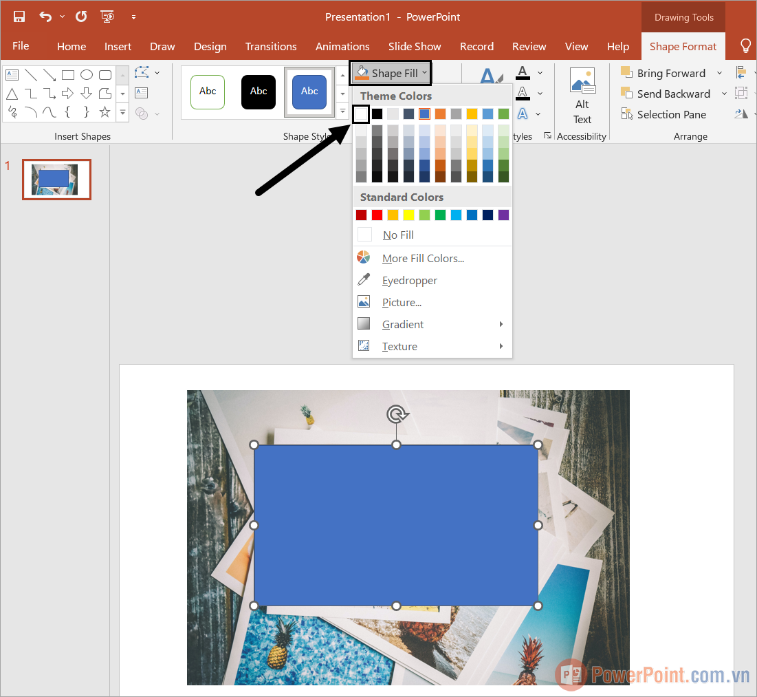 Chọn Shape Fill để đổi màu hình vừa vẽ trên PowerPoint sang màu trắng trong