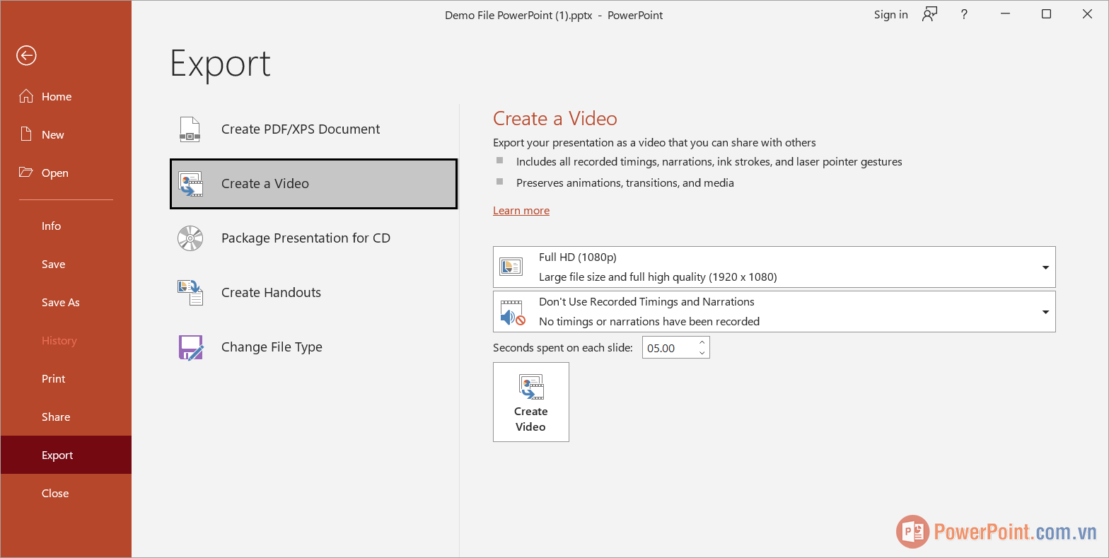 Chọn Create a Video để xuất bản file PowerPoint thành video