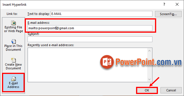 Nhập địa chỉ email vào ô E-mail address và chọn OK