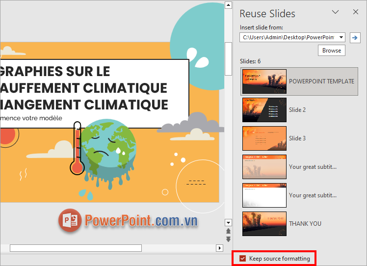 Slide trong PowerPoint bạn vừa thêm vào sẽ được hiển thị tại Reuse Slides