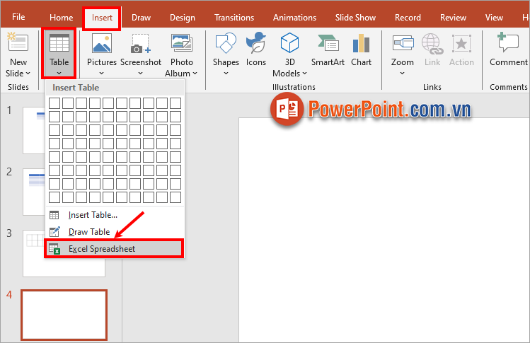 Cách tạo bảng Excel trong PowerPoint