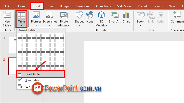 Cách tạo bảng trong PowerPoint bằng Insert Table