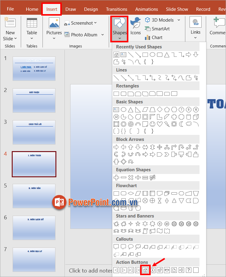 Chọn Insert ➔ Shapes ➔ biểu tượng Go Home