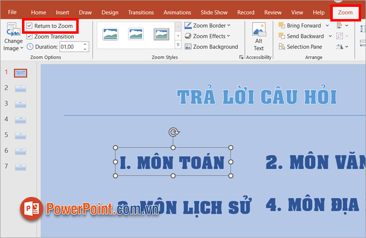 Chọn lần lượt vào từng hình ảnh slide, chọn Zoom và tích chọn vào ô vuông trước Return to Zoom