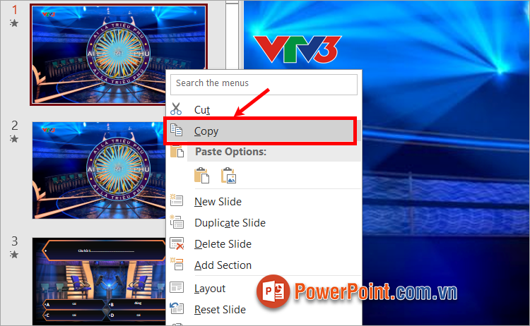 Chọn slide bạn muốn copy, nhấn chuột phải chọn Copy