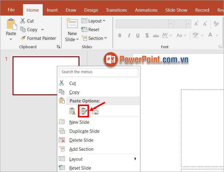 Nhấn chuột phải vào slide trắng mà bạn muốn dán slide đã copy