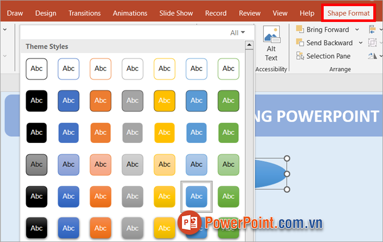 Thực hiện định dạng màu sắc, kiểu đường viền, … trong thẻ Shape Format