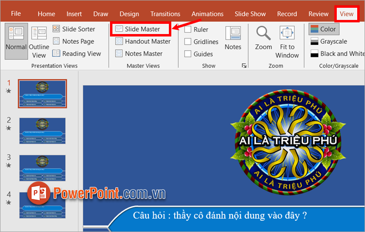 Trên file PowerPoint cần chỉnh font chữ cho tất cả các slide, bạn chọn View ➔ Slide Master Trên file PowerPoint cần chỉnh font chữ cho tất cả các slide, bạn chọn View ➔ Slide Master