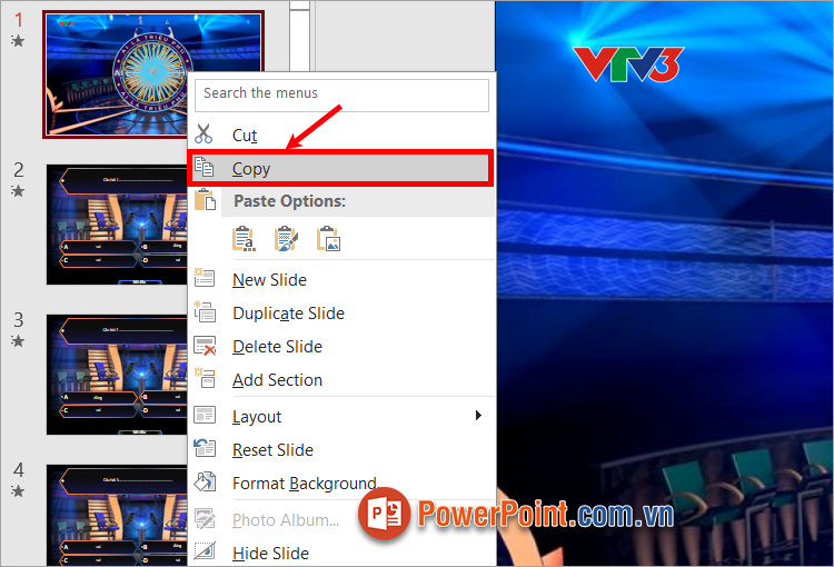Trên file PowerPoint, nhấn chuột phải vào slide muốn copy giữ nguyên định dạng chọn Copy