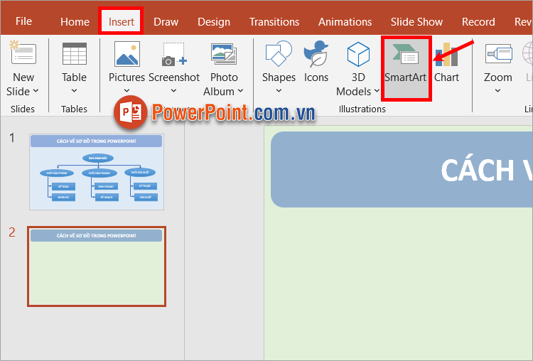 Trên slide mà bạn muốn vẽ sơ đồ, bạn chọn Insert ➔ SmartArt
