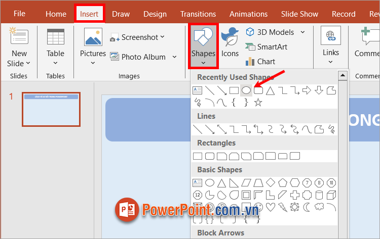 Trên slide vẽ sơ đồ trong PowerPoint, chọn Insert ➔ Shapes ➔ chọn hình dạng mà bạn muốn