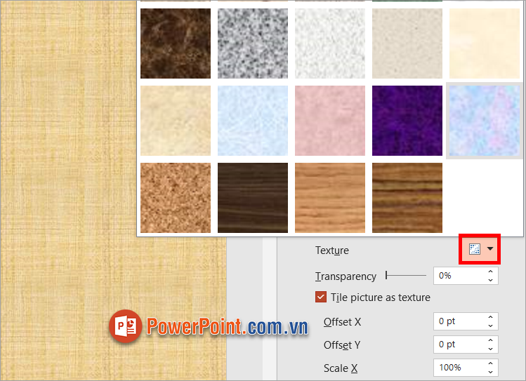 Đổi màu nền Slide theo họa tiết bạn chọn các họa tiết có sẵn trong phần Texture