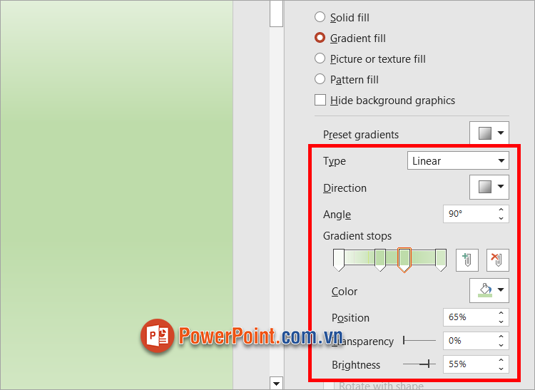 Tùy chỉnh các điểm dừng của màu và các thông số khác