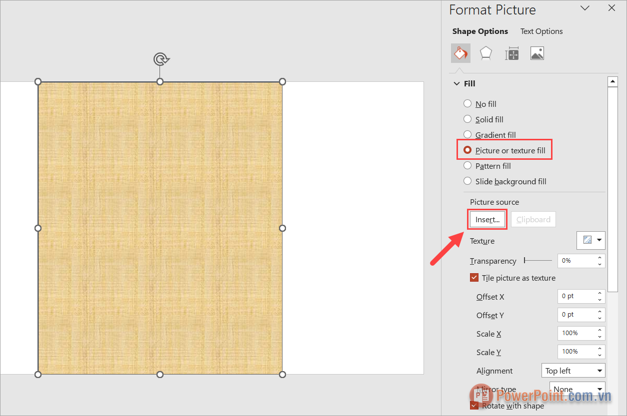 Chọn Picture or texture fill để chèn ảnh vào trong hình đã vẽ từ trước