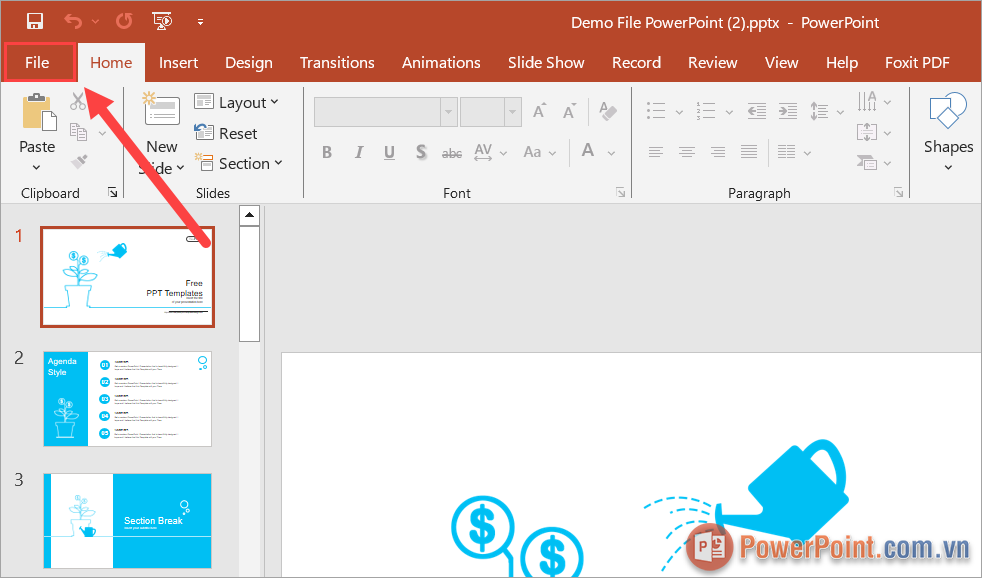 Chọn thẻ File để xem thiết lập về tài liệu