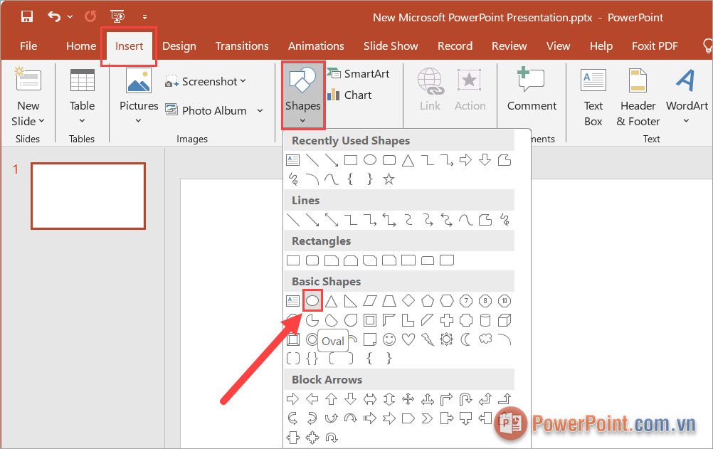 Chọn thẻ Insert, ấn Shapes và chọn biểu tượng Oval để thực vẽ hình tròn Chọn thẻ Insert, ấn Shapes và chọn biểu tượng Oval để thực vẽ hình tròn