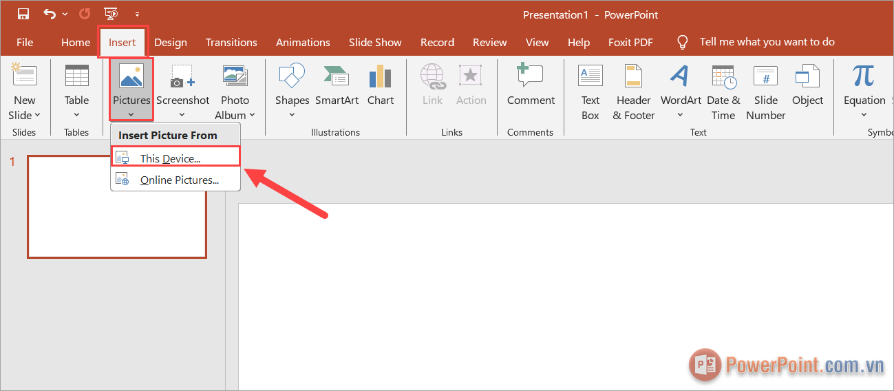 Chọn thẻ Insert ➔ Pictures ➔ This Devices… để thêm hình ảnh trực tiếp
