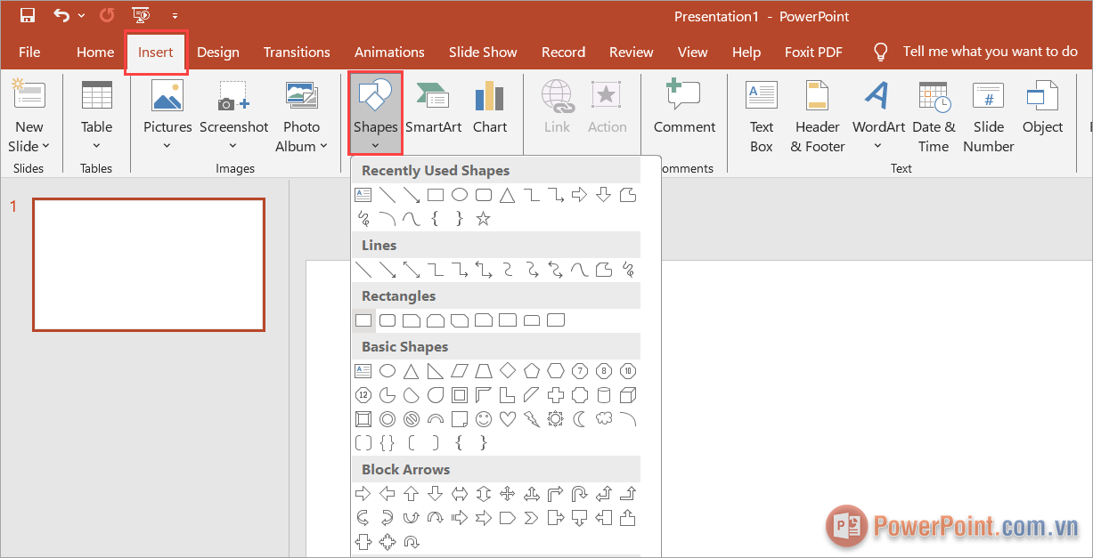 Chọn thẻ Insert ➔ Shapes để chọn một hình phù hợp chèn vào bài trình chiếu