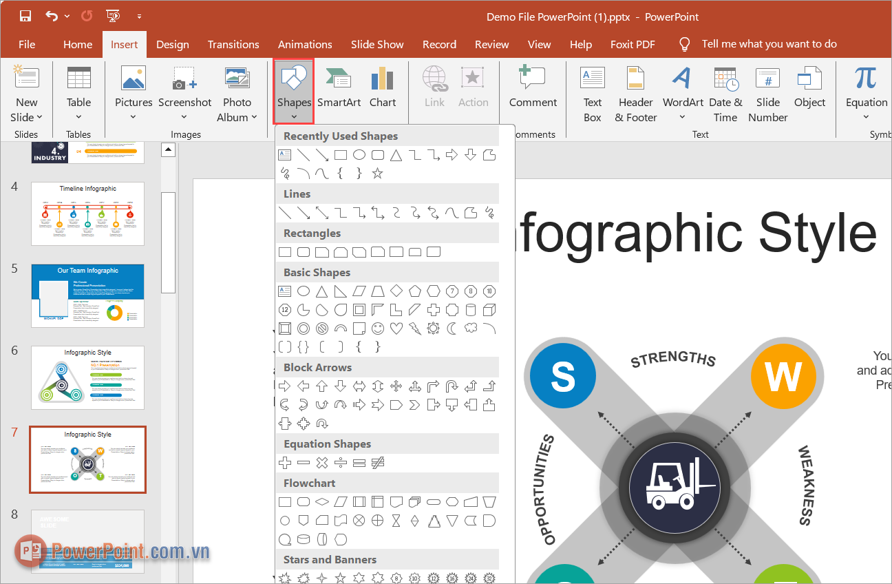 Chọn thẻ Insert ➔ Shapes để tạo một đối tượng trên khung hình Chọn thẻ Insert ➔ Shapes để tạo một đối tượng trên khung hình