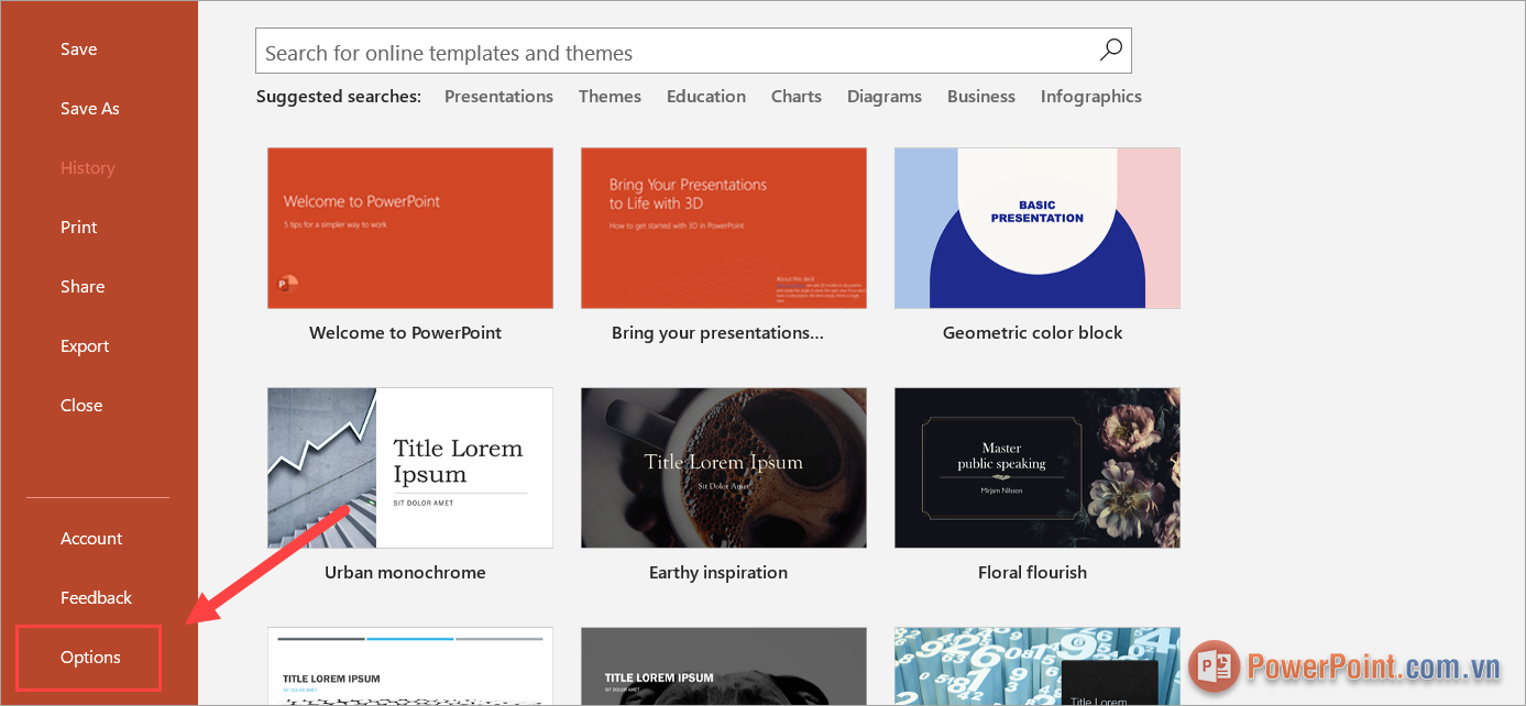 Chọn thẻ Options để mở tùy chọn thiết lập trên phần mềm PowerPoint