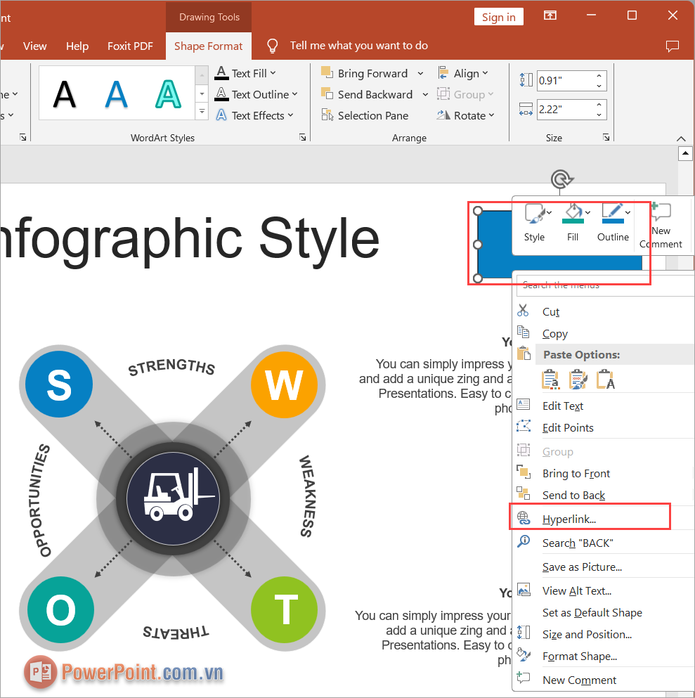 Click chuột phải vào đối tượng và chọn Hyperlink để gắn liên kết Click chuột phải vào đối tượng và chọn Hyperlink để gắn liên kết