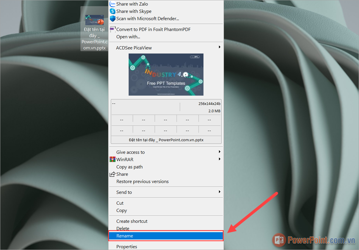 Click chuột phải vào file PowerPoint và chọn Rename để thực hiện đổi tên file trên máy tính