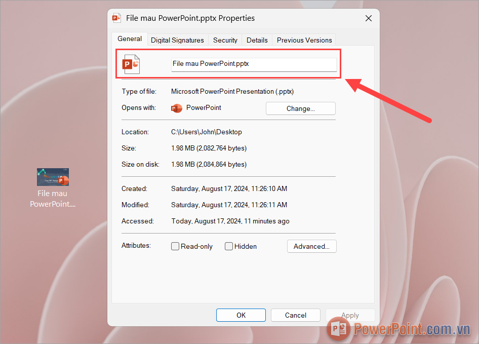 Điền tên file PowerPoint cần đổi vào mục File Name và nhấn OK để hoàn tất