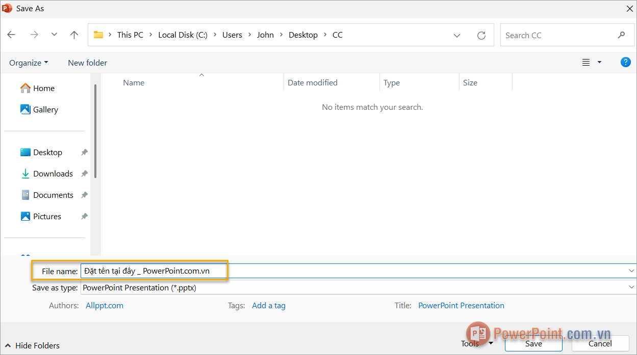 Đổi tên file PowerPoint trong mục File Name và nhấn Save để lưu lại