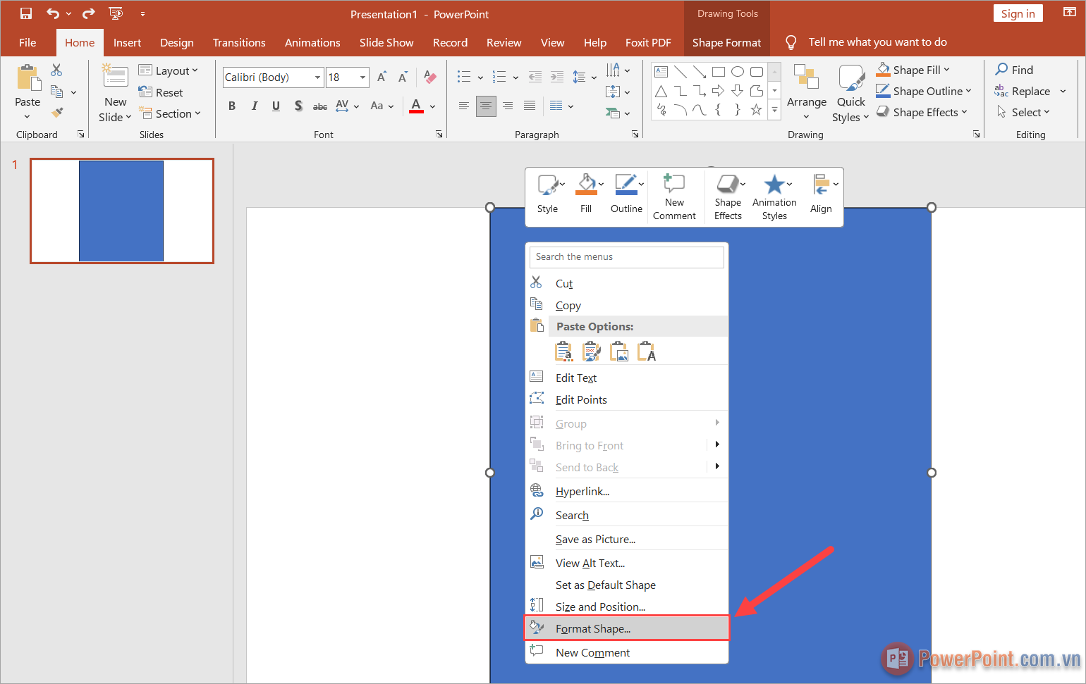 Sau khi tạo được Shapes, bạn chọn Format Shape để mở tùy chọn chỉnh sửa
