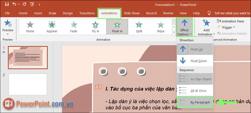 Chọn Animations ➔ Effect Options ➔ By Paragraph để chuyển sang chế độ hiệu ứng dừng dòng