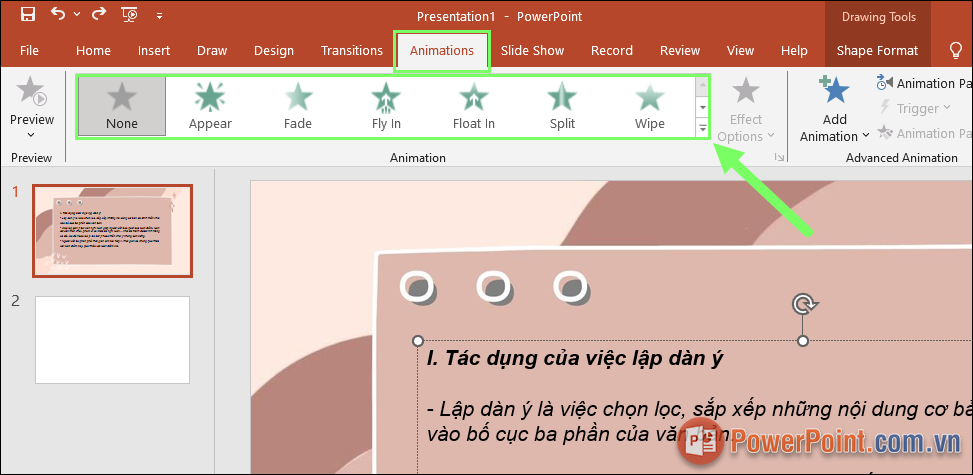 Chọn Animations và một hiệu ứng chuyển động cho toàn bộ nội dung trong hộp thoại Text Box