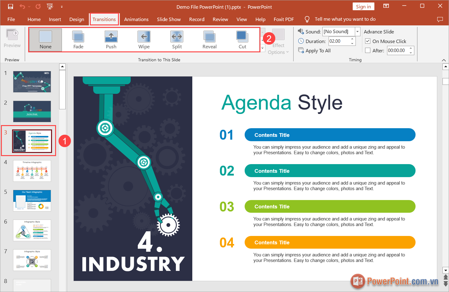 Chọn Slide cần thêm hiệu ứng chuyển trang (1) và chọn thẻ Transition (2) để xem
