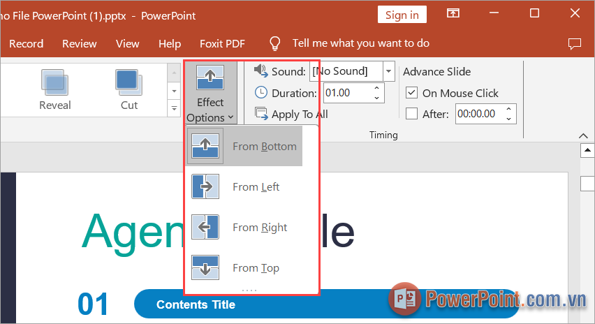 Chọn thẻ Effect Options để xem thêm các hiệu ứng chuyển cảnh