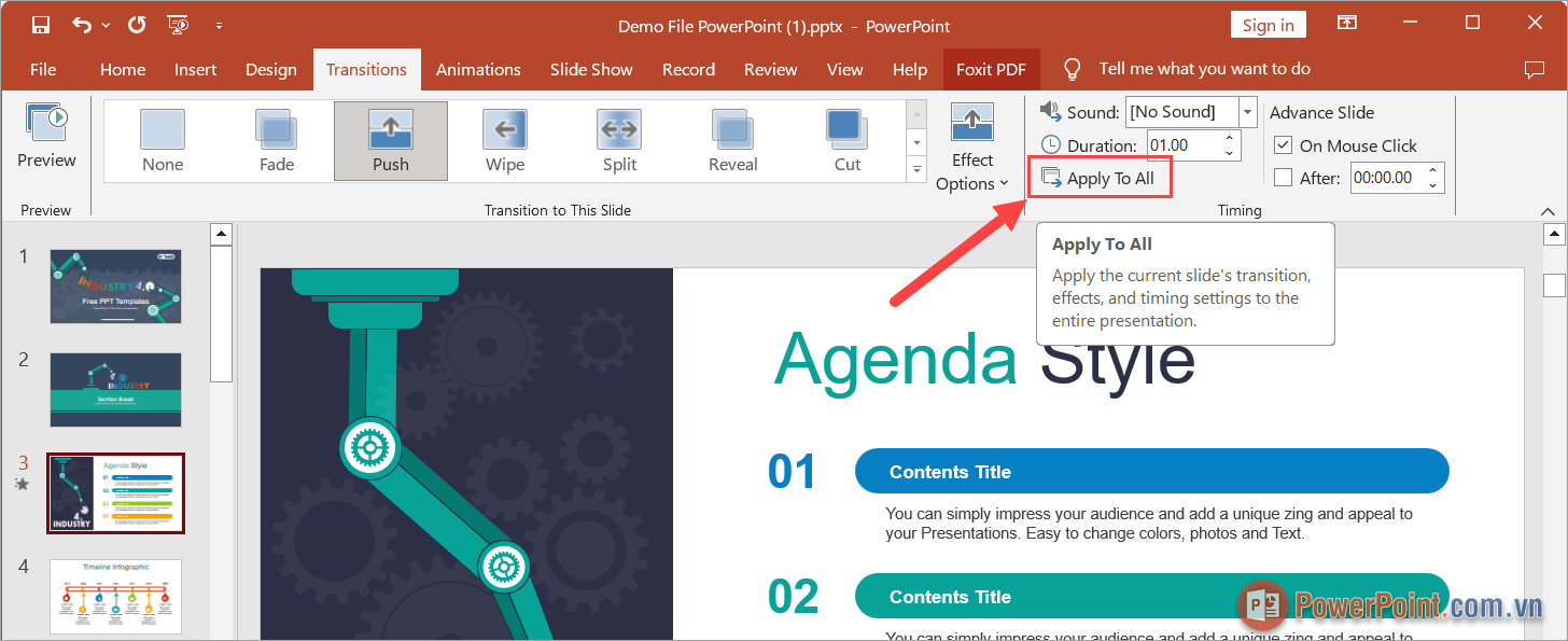 Chọn thẻ Transition, chọn hiệu ứng chuyển trang và chọn mục Apply to all để áp dụng