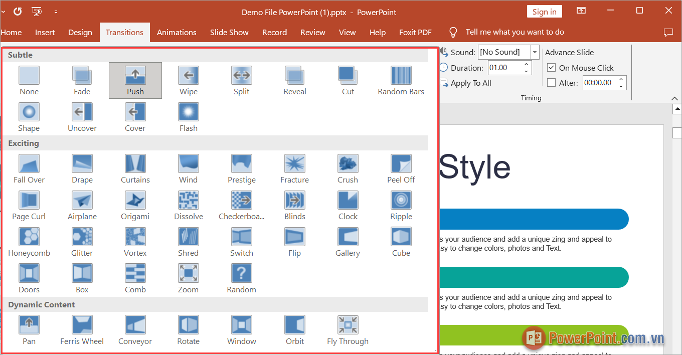 Nhấn biểu tượng mũi tên mở rộng để xem thêm các hiệu ứng chuyển cảnh khác trong từng Slide
