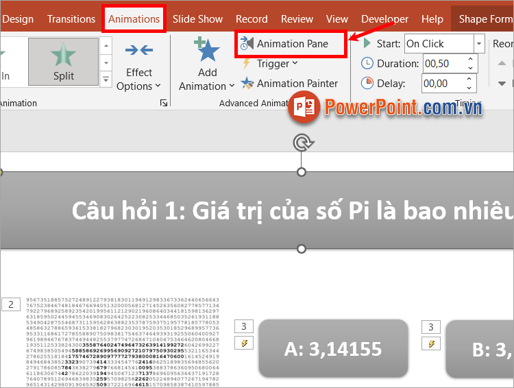 Chọn Animations - Animation Pane để mở Animation Pane phía bên phải PowerPoint