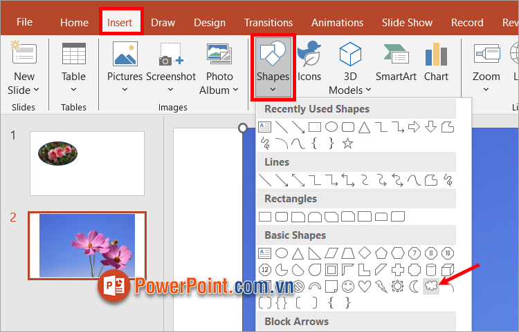 Chọn Insert - Shapes - chọn hình khối bạn muốn chèn ảnh vào