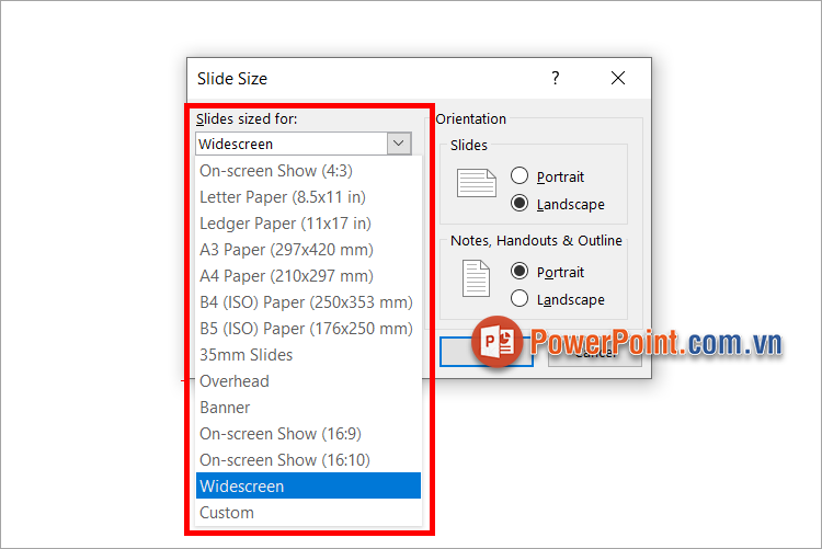 Chọn kiểu kích thước slide trong PowerPoint trong phần Slides sized for