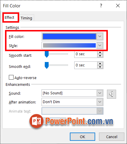Chọn màu xanh trong Fill color, kiểu đổi màu trong Style