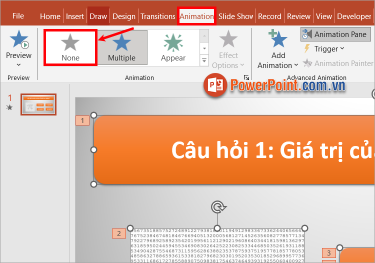 Chọn thẻ Animations - None