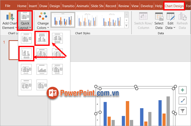 Chọn thẻ Chart Design - Quick Layout - nhấn Layout 2 hoặc Layout 4 có hiển thị số liệu trong biểu đồ