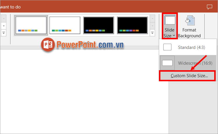 Chọn thẻ Design - Slide Size - Customize Slide Size