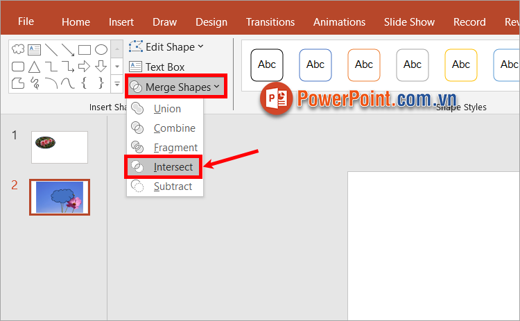 Chọn tiếp Merge Shapes - Intersect