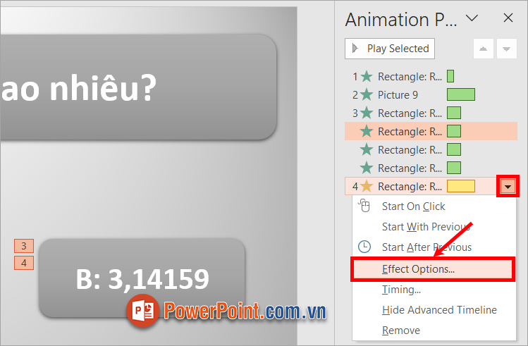 Chọn vào hình tam giác nhỏ bên cạnh tên hiệu ứng Fill Color - Effect Options