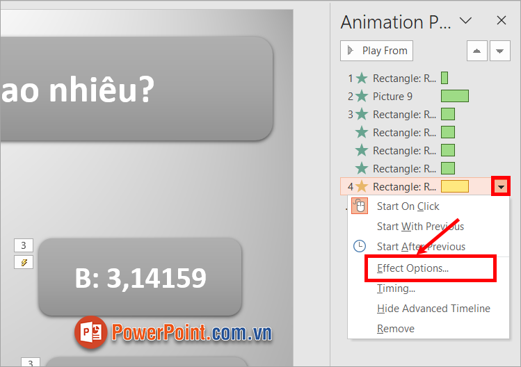 Chọn vào hình tam giác nhỏ bên cạnh tên hiệu ứng Fill Color - Effect Options