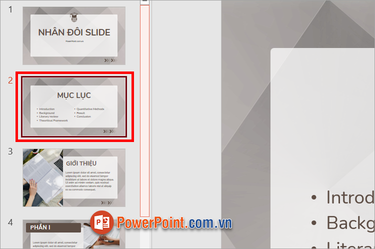 Chọn vào slide cần nhân đôi trong PowerPoint
