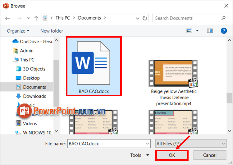 Cửa sổ Insert Object, chọn đến file Word cần chèn và ấn OK