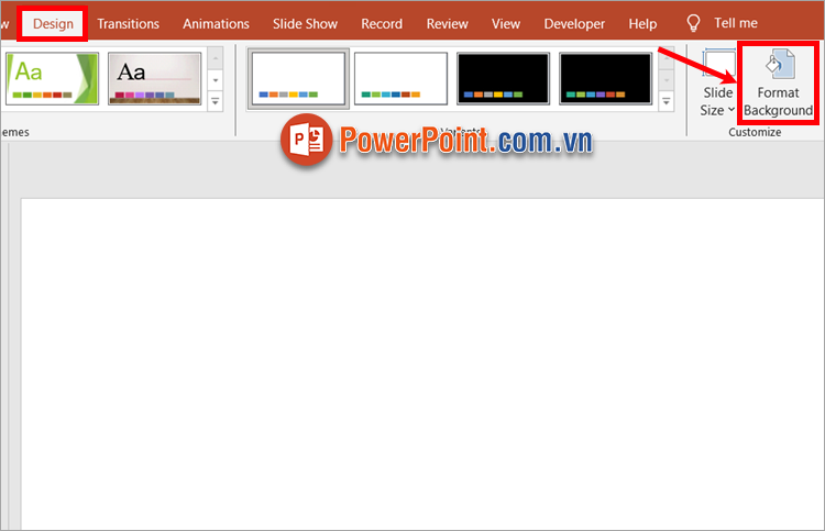 Đổ màu nền cho PowerPoint bằng cách chọn Design - Format Background