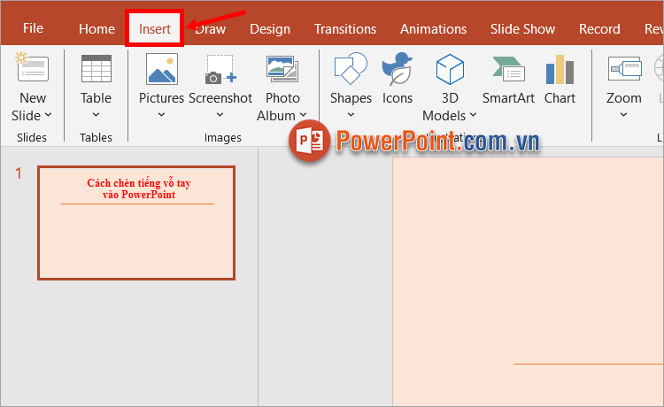 Mở file PowerPoint, trên slide muốn chèn tiếng vỗ tay vào PowerPoint, chọn thẻ Insert