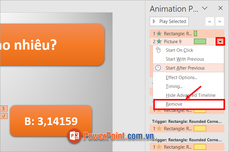 Nhấn chọn biểu tượng tam giác đen nhỏ và chọn Remove